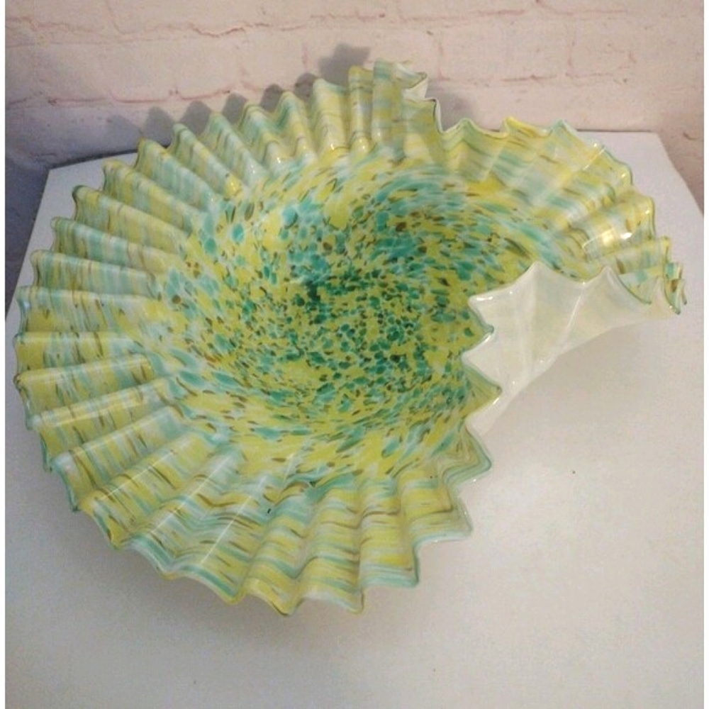Antique Green & Yellow Cased Splatter Glass Ruffled Pleated Bride's Basket Bowl
